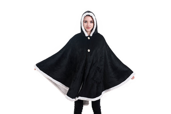 Wrap Hooded Blanket | Poncho Blanket Wrap with Soft Sherpa Fleece | Plush, Warm, Wearable Throw Cape with Pockets