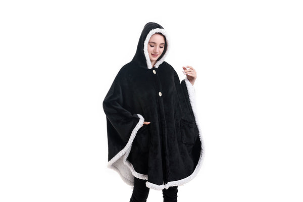 Wrap Hooded Blanket | Poncho Blanket Wrap with Soft Sherpa Fleece | Plush, Warm, Wearable Throw Cape with Pockets