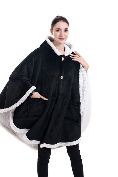 Wrap Hooded Blanket | Poncho Blanket Wrap with Soft Sherpa Fleece | Plush, Warm, Wearable Throw Cape with Pockets