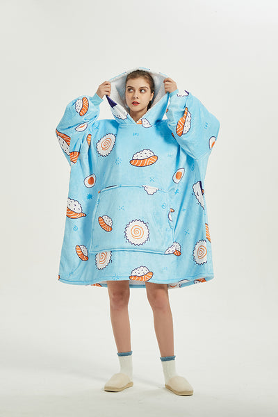 Sushi Blanket Sweatshirt, Oversized Sherpa Hooded Sweatshirt,Wearable Fleecehug Hoodie Blanket with Pocket