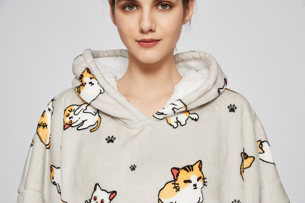 Baby Cat Blanket Hoodie Sherpa Wearable Blanket Sweatshirt with Deep Pockets and Sleeves Lounging Hoodie